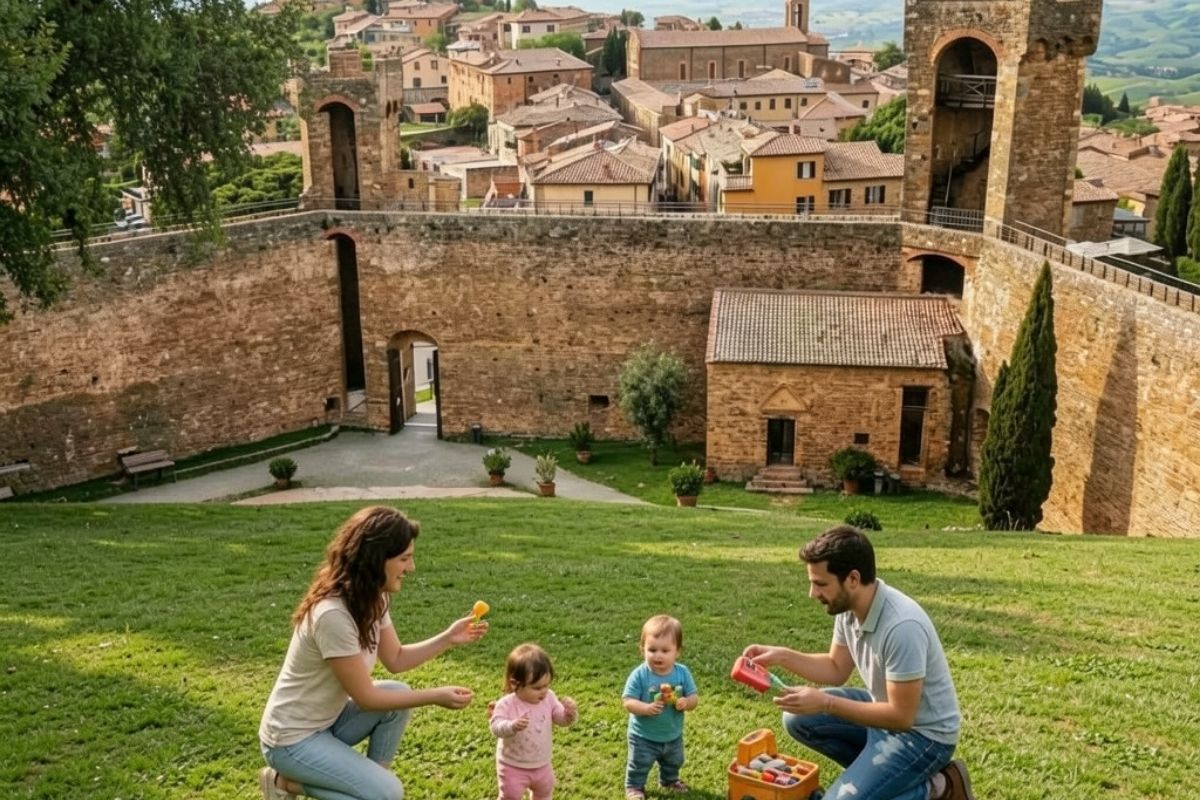 Una famiglia con bambini piccoli gioca in un parco verde sotto le mura medievali di Montalcino, sullo sfondo le colline toscane