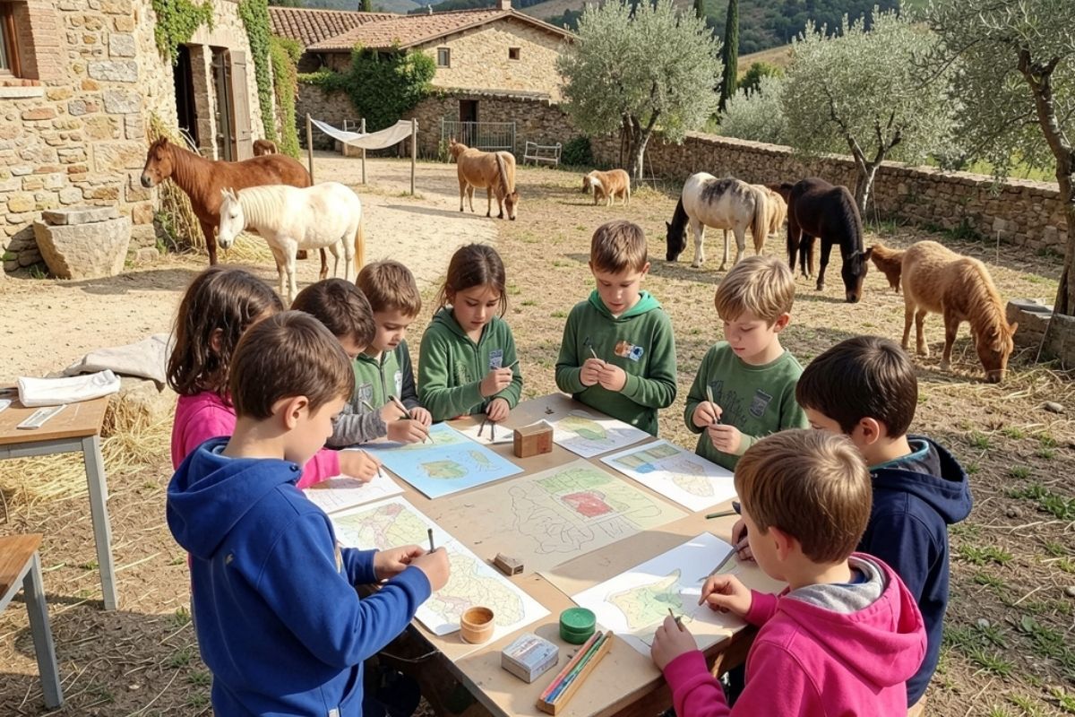 Gruppo di bambini partecipa a un laboratorio didattico all'aperto in un agriturismo vicino Montalcino, con animali e natura sullo sfondo