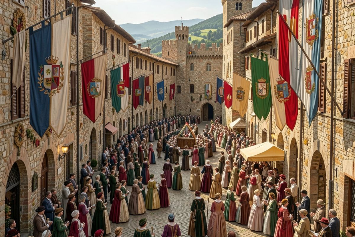 Suggestiva veduta panoramica di Montalcino in festa, con bandiere dei quartieri, costumi storici e folla nelle strade acciottolate del centro medievale.